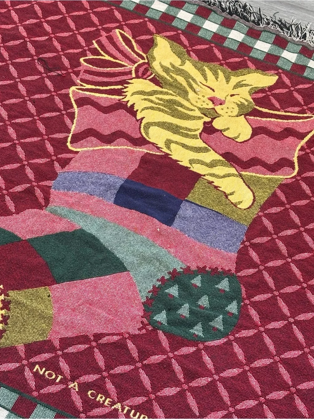 Vintage Christmas cat Stocking woven Throw Blanket holiday late 90s